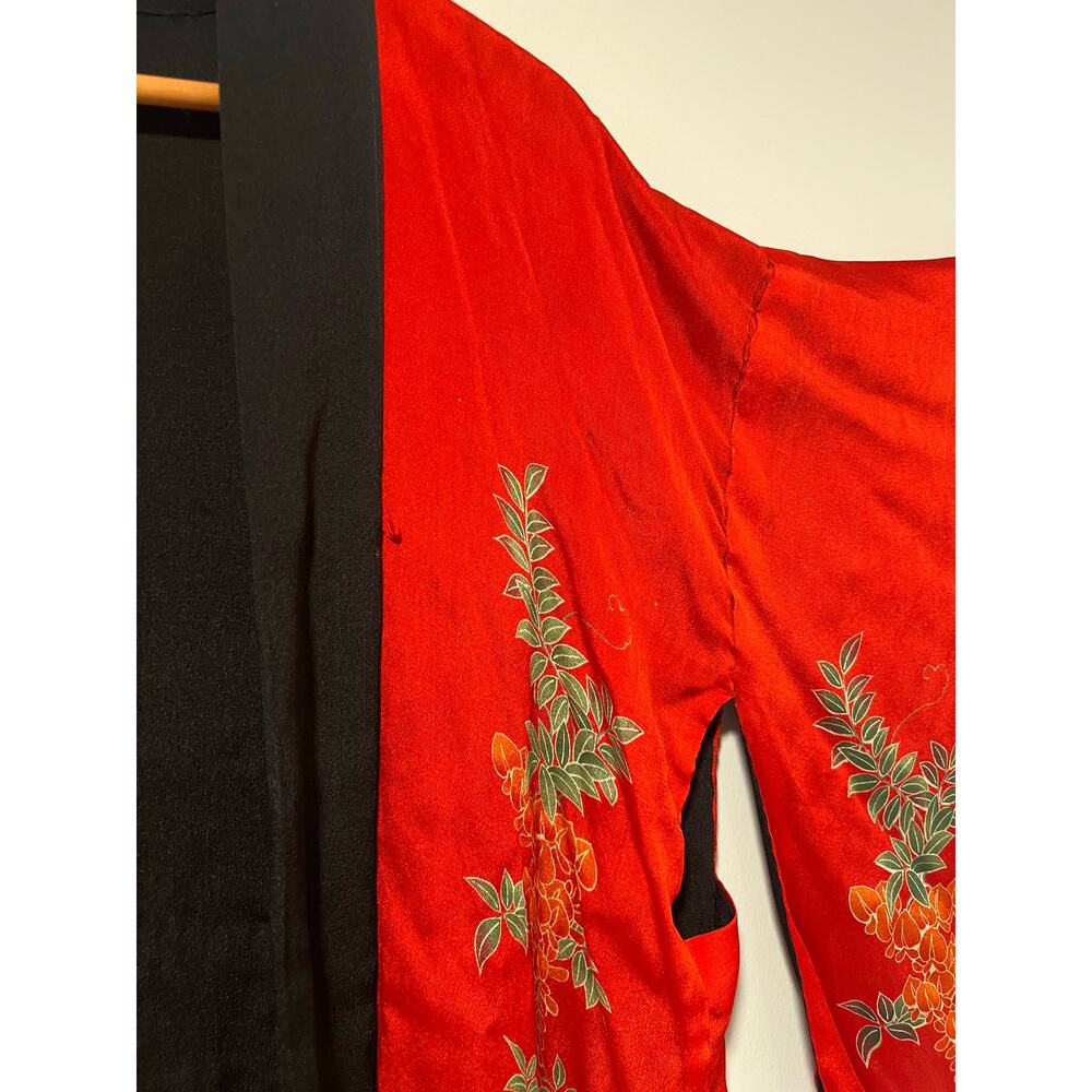 Vintage Japanese Silk Kimono Red Black Floral Large JL - Picture 6 of 16